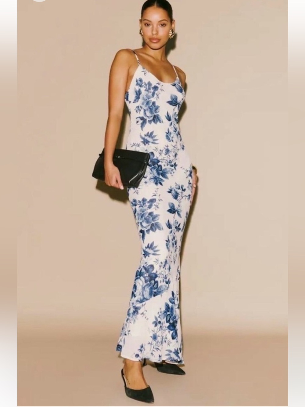 Reformation White Maxi Slip Dress with Blue Floral Print- Parma Dress